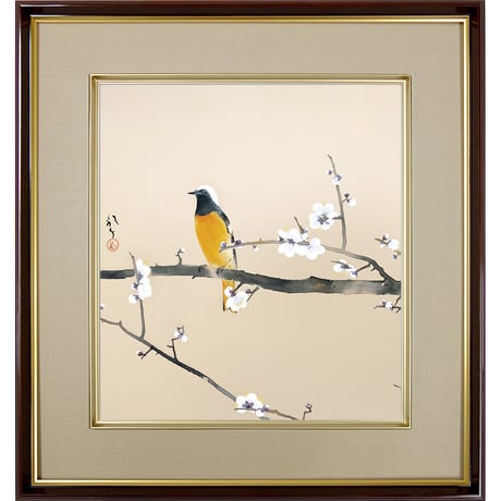【色紙額】 川端龍子「梅花小禽図」複製画　額入り　色紙額　特殊工芸画　ジョウビタキ　野鳥　冬　風景画　風景画　日本画　名作 K10-078