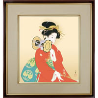【色紙額】 上村松園「鼓の音」額入り 日本画の名作 高精彩工芸画 複製画 人物 美人画 レプリカ  絵画 美術品 アート K10-016