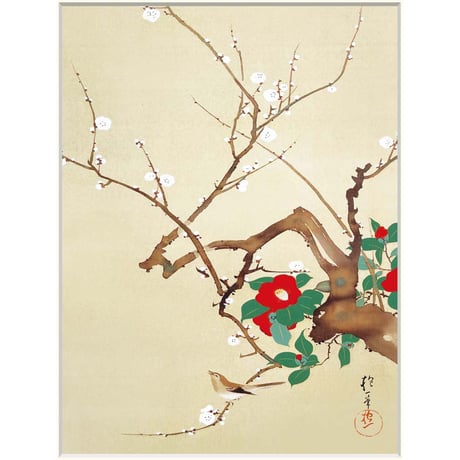 ● 酒井抱一 「梅椿に鶯図」 額入り 複製画 高精彩工芸画 額装画 日本画 名画 レプリカ  江戸琳派 花鳥十二ヶ月図 一月 皇居三の丸尚蔵館（東京）所蔵 J2-085【納期：約1週間】