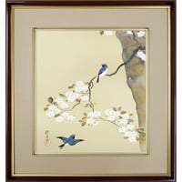 【色紙額】 酒井抱一「桜に小禽図」複製画　額入り　色紙額　特殊工芸画　オオルリ　野鳥　春　風景画　琳派　日本画　名作 K10-079