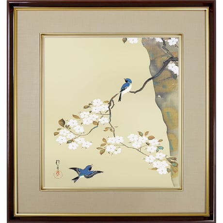 【色紙額】 酒井抱一「桜に小禽図」複製画　額入り　色紙額　特殊工芸画　オオルリ　野鳥　春　風景画　琳派　日本画　名作 K10-079