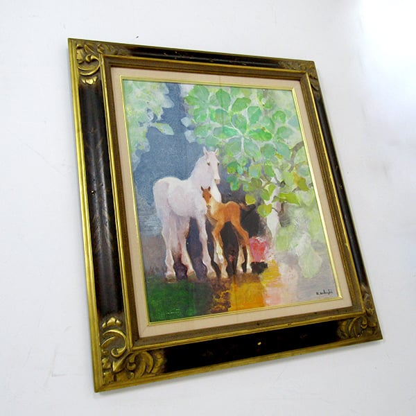 上橋薫、【赤いバックの花】、希少な額装用画集画、新品高級額 額装付