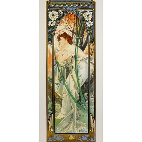 ★ 版画 ミュシャ 「夕べの夢想：四つの時」 ジクレー　複製版画　額入り　ミュシャ財団承認 エンボス印　美人画　アールヌーヴォ―　ダリアの花　四つの時の流れ　連作　YE445