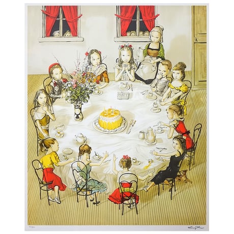 版画　藤田嗣治「お誕生日」 リトグラフ　額付き　大型絵画　ADAGP保証書あり　真作保証　人物画　子供たち　女の子のお部屋に　かわいい　バースデー　誕生会　Foujita　YE417
