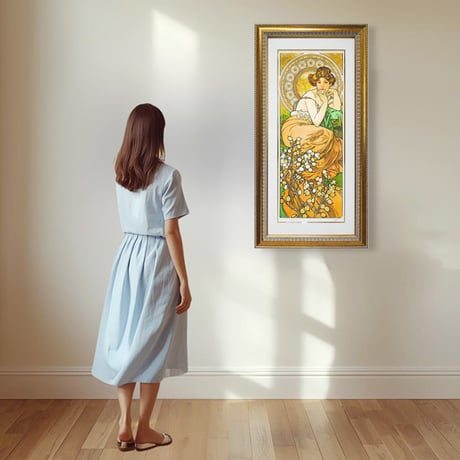 ★ 版画　ミュシャ 「トパーズ：四つの宝石」 ピエゾグラフ　額入り　STUDIO ART FLAGの品質保証　美人画　アールヌーヴォ―　The Precious Stones　YE462