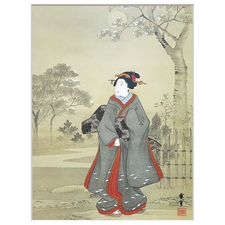 ● 歌川広重 「月夜観桜美人図」 額入り 複製画 高精彩工芸画 額装画 肉筆浮世絵 名画 レプリカ 人物 美人画 錦絵 着物の女性 J2-150 【納期：1週間】