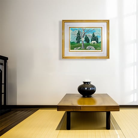 版画　東山魁夷 「早春の丘」 オリジナル リトグラフ　生前の作品　額付き　風景画　白馬の見える風景　緑　青空　文化勲章受章作家　日本画　真作保証