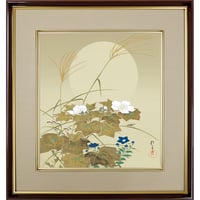 【色紙額】 酒井抱一「秋草に螽斯図」複製画　額入り　色紙額　特殊工芸画　キリギリス　秋の夜　満月　風景画　琳派　日本画　名作 K10-081