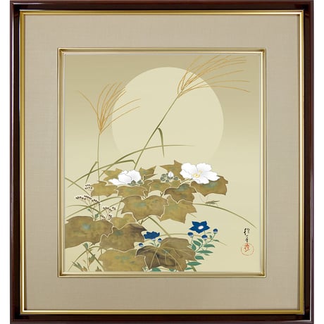 【色紙額】 酒井抱一「秋草に螽斯図」複製画　額入り　色紙額　特殊工芸画　キリギリス　秋の夜　満月　風景画　琳派　日本画　名作 K10-081