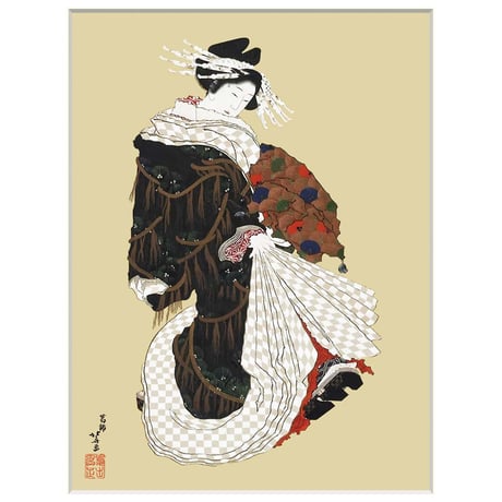 ● 葛飾北斎 「年始回りの遊女図」 額入り 複製画 高精彩工芸画 額装画 人物 美人画 名画 レプリカ 浮世絵 原画は肉筆画 スミソニアン フリーア美術館所蔵 J2-132 【納期：約1週間】