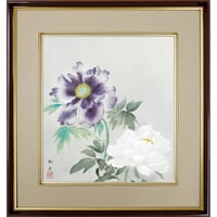 【色紙額】 速水御舟「牡丹双華」複製画　額入り　色紙額　特殊工芸画　富貴花　花神　紫　白　植物画　日本画　名作 K10-094
