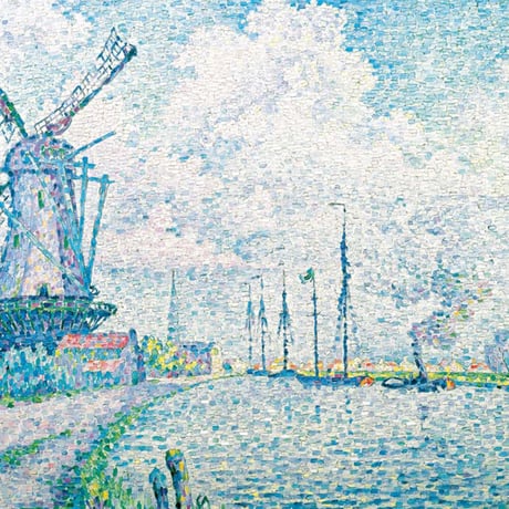 シニャック 「オーフェルスヒーの運河」 額入り 複製画 高精彩工芸画 レプリカ 風景画 ポスト印象派 点描画 J1-132 【納期：約1週間】