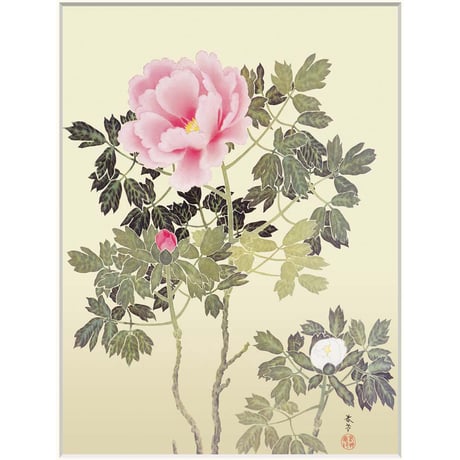 ● 菱田春草 「牡丹」 額入り 複製画 高精彩工芸画 額装画 日本画 名画 レプリカ 花鳥風月 植物画 大輪の花 富貴花 J2-113 【納期：約1週間】