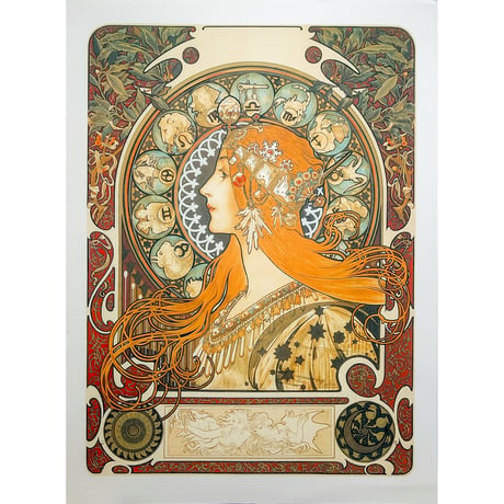 ★ 版画 ミュシャ 「黄道十二宮」 ジクレー　額入り　大型　ミュシャ財団承認 エンボス印　美人画　アールヌーヴォー　ゾディアック　Zodiac　星座　横顔　装飾パネル　YE451