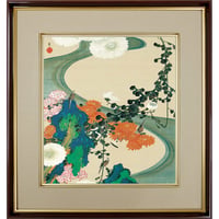 【色紙額】 伊藤若冲「菊花流水図」複製画　額入り　色紙額　特殊工芸画　若冲動植綵絵　白いキクの花　日本画　名作　宮内庁三の丸尚蔵館／所蔵 K10-070