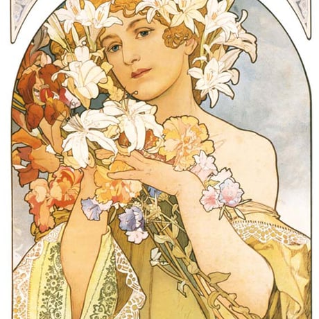 ミュシャ 「花」 額入り 複製画 高精彩工芸画 額絵 額装画 アート レプリカ 透明アクリル アールヌーボー 美人画 フラワー 連作 Mucha J1-109 【納期：約1週間】