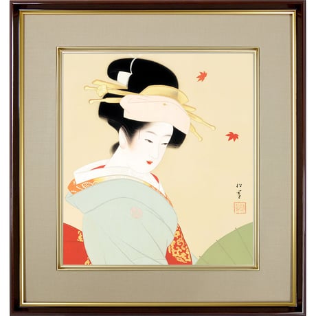 【色紙額】 上村松園「紅葉可里図」額入り 日本画の名作 高精彩工芸画 複製画 人物 美人画 レプリカ  絵画 美術品 アート K10-012