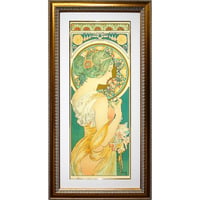 ★ 版画 ミュシャ 「桜草」 リトグラフ　額入り　大型絵画　ミュシャ財団承認 エンボス印　花　La Fleur　Primrose　美人画　アールヌーヴォー　装飾パネル　タテ長　サクラソウ　YE455