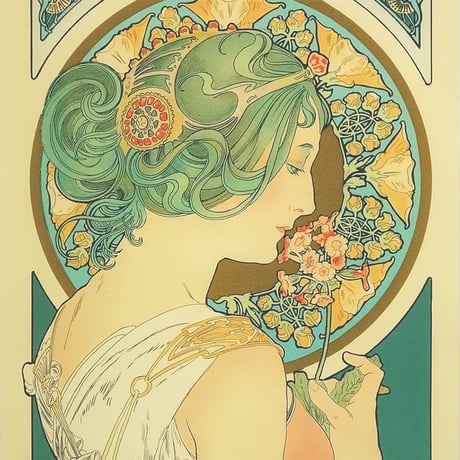 ★ 版画 ミュシャ 「桜草」 リトグラフ　額入り　大型絵画　ミュシャ財団承認 エンボス印　花　La Fleur　Primrose　美人画　アールヌーヴォー　装飾パネル　タテ長　サクラソウ　YE455