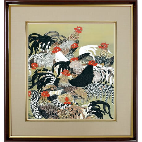 【色紙額】 伊藤若冲「群鶏図」 複製画　額入り　色紙額　特殊工芸画　にわとり　動物画　日本画　障壁画　名作　京都国立博物館／所蔵 K10-065