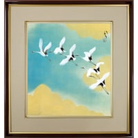 【色紙額】 川端龍子「虹の如く」複製画　額入り　色紙額　特殊工芸画　飛ぶ　鶴　空　吉祥画　風景画　日本画　名作 K10-076