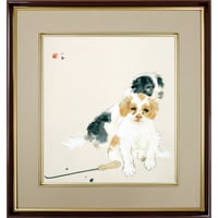 【色紙額】 竹内栖鳳「爐邊」複製画　額入り　色紙額　特殊工芸画　仔犬　ろへん　動物画　日本画　名作　足立美術館（島根）所蔵 K10-073