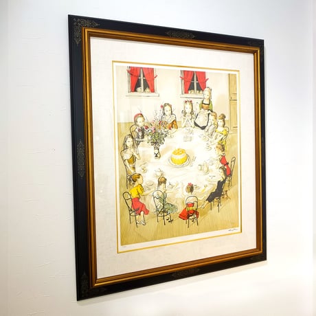 版画　藤田嗣治「お誕生日」 リトグラフ　額付き　大型絵画　ADAGP保証書あり　真作保証　人物画　子供たち　女の子のお部屋に　かわいい　バースデー　誕生会　Foujita　YE417