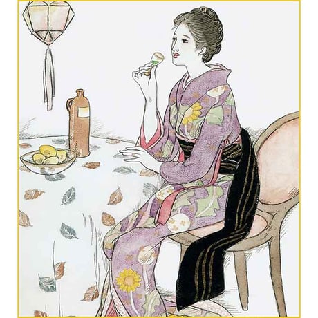 色紙額　竹久夢二「青い酒」特色工芸色紙 複製画 日本画 名画 レプリカ 美人画 大正ロマン 長崎十二景より K10-035【納期：在庫あり】