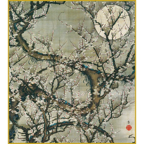 【色紙額】 伊藤若冲「梅花皓月図」複製画　額入り　色紙額　特殊工芸画　若冲動植綵絵　梅の古木　日本画　名作　宮内庁三の丸尚蔵館／所蔵 K10-068