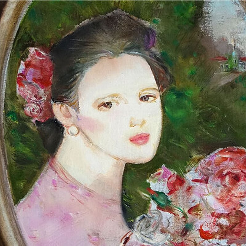 中島裕子 油絵 バラ 薔薇 寺井重三「薔薇」油絵・F3号 絵画買取・販売の