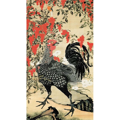 ● 伊藤若冲 「南天雄鶏図」 額入り 複製画 高精彩工芸画 額装画 日本画 名画 レプリカ 動物画 花鳥図 京都画壇 国宝・動植綵絵より 皇居三の丸尚蔵館／所蔵 J2-070 【納期：約1週間】