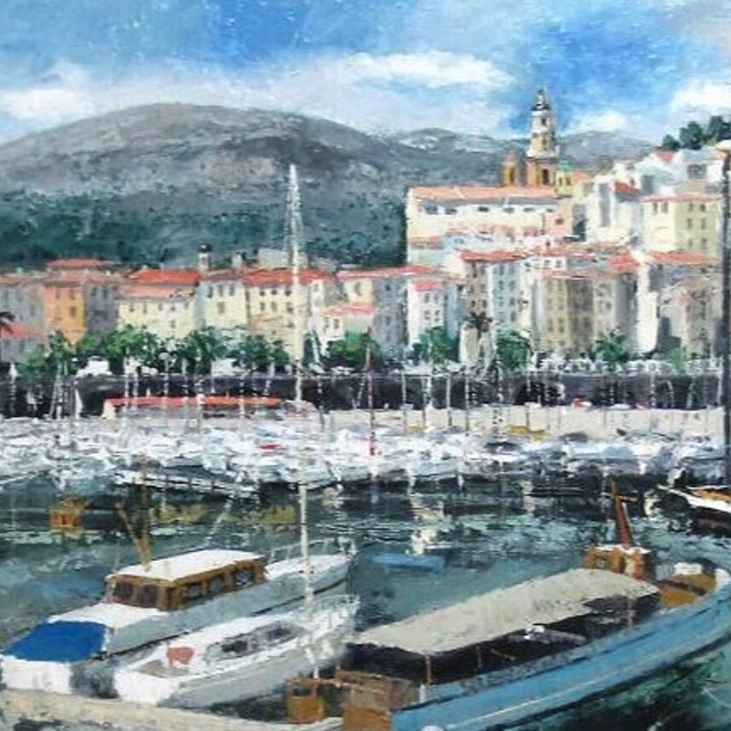 23-R1952 ホビー・楽器・アート 藤飯治平 油彩画 ヨットと港の風景