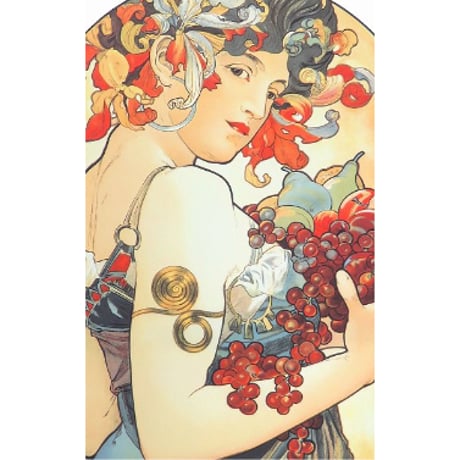 版画　ミュシャ 「フルーツ」 ジクレー　複製画　額入り　ミュシャ財団・承認エンボス印あり　アールヌーボー　美人画　限定300部　果物　実りの秋　豊穣　くだもの　Fruits　装飾パネル