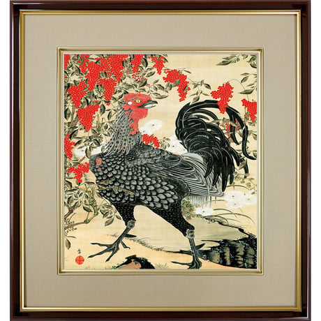 【色紙額】 伊藤若冲「南天雄鶏図」複製画　額入り　色紙額　特殊工芸画　若冲動植綵絵　にわとり　シャモ　日本画　名作　宮内庁三の丸尚蔵館／所蔵 K10-071
