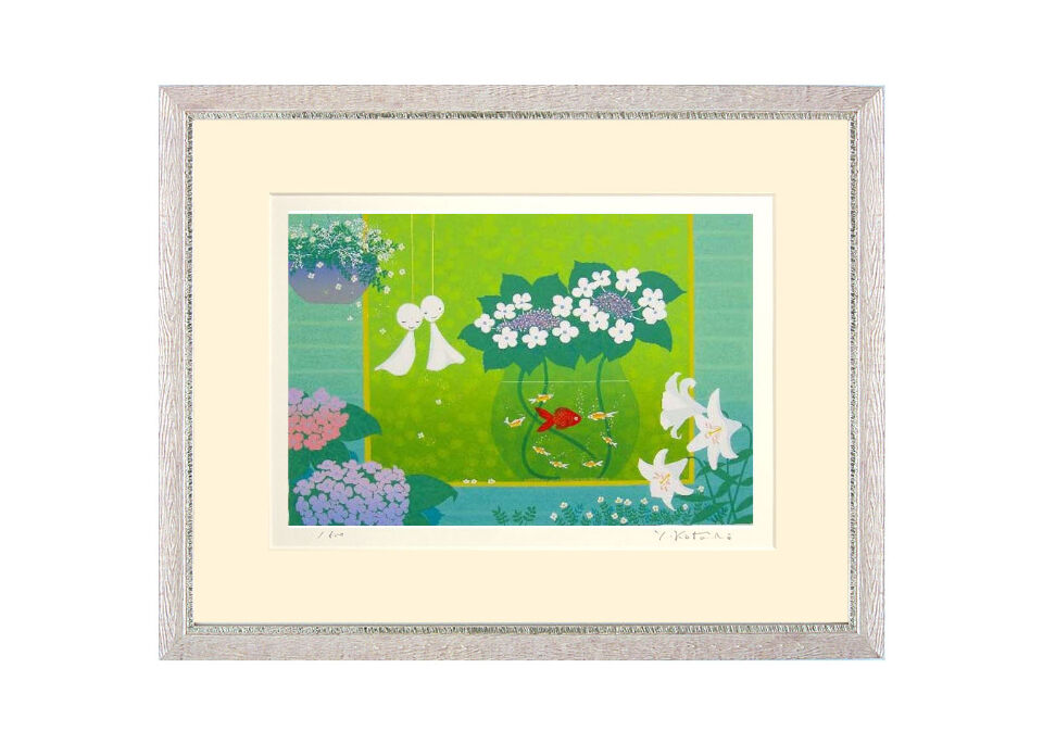 花とチャペル　小鳥　緑　吉岡浩太郎　額付き絵画シルクスクリーン初代 花とチャペル小鳥緑吉岡浩太郎額付き絵画シルクスクリーン初代