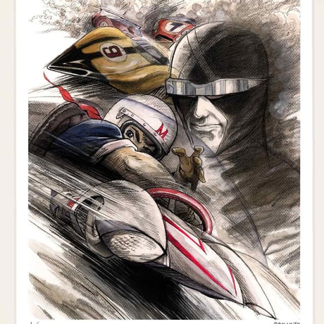 タツノコプロ監修 「マッハGoGoGo 1」 ジークレー版画 額入り 複製画 昭和のテレビアニメ 1967年TV放映 カーレース 【四つ切】【C8016】