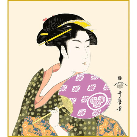【色紙額】 喜多川歌麿「団扇を持つおひさ」 額入り 美人画 複製色紙 特殊工芸画 江戸の浮世絵 錦絵 木版画  大首絵 模写 レプリカ K3-002