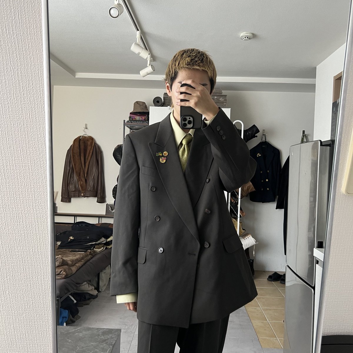 【vintage】セットアップ ダブルスーツ ブラック　成人式 ピンズ　ネクタイ