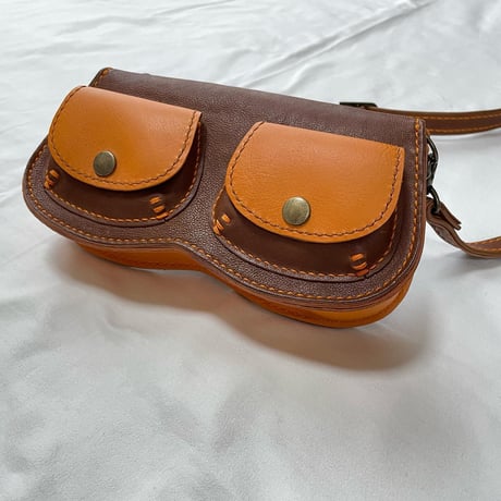 斜めがけ本革ポシェット（茶×オレンジ）ショルダーバッグ レザーバッグ お着物鞄 手縫い 革鞄 日本製