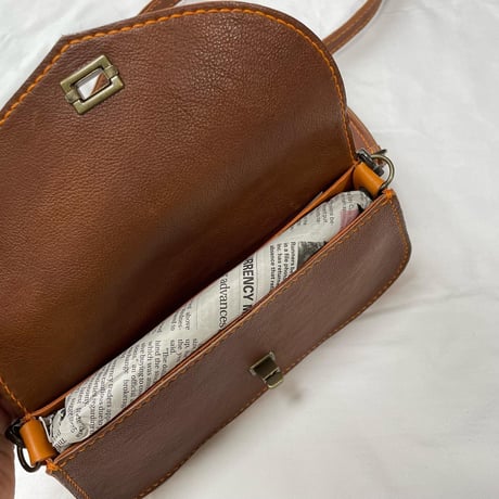 斜めがけ本革ポシェット（茶×オレンジ）ショルダーバッグ レザーバッグ お着物鞄 手縫い 革鞄 日本製