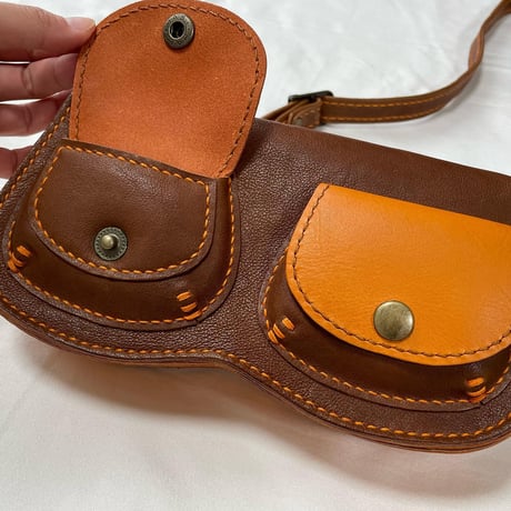 斜めがけ本革ポシェット（茶×オレンジ）ショルダーバッグ レザーバッグ お着物鞄 手縫い 革鞄 日本製