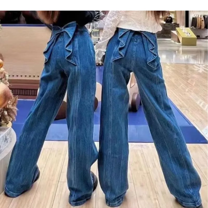 nemne store バックリボンサイドカットワイドデニム ブラック バックリボンサイドカットワイドデニム（デニムパンツ）｜nemne