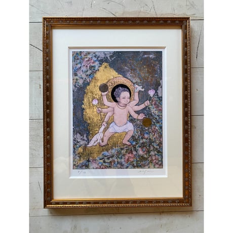 花紋額・ダブルマットセット　ゴールド