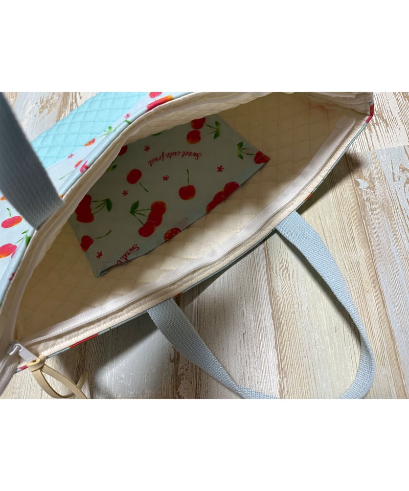 ハンドメイド♡さくらんぼレッスンバッグ レッスンバッグ3点セット『ふんわりフリルのさくらんぼ♥クリーム