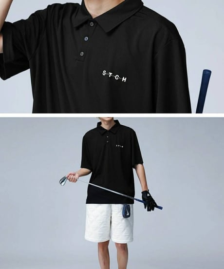 【ANTIQUAGOLF×STCH】UNISEX（ユニセックス）logo polo shirt-black