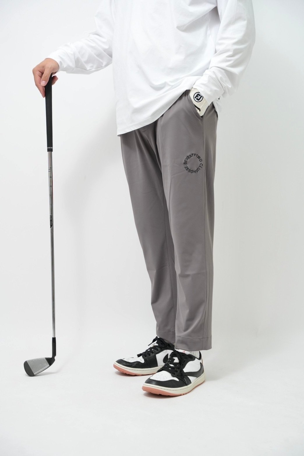 新品★STCH (XL) fabric サークルロゴパンツ gray×navy antiqua ANTIQUA GOLF×STCH パイピングパンツ メンズ 送料無料