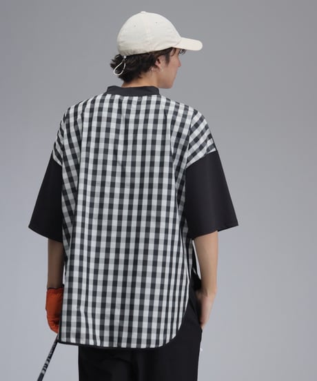 【ANTIQUAGOLF×STCH】UNISEX(ユニセックス)check pattern switching tops-black
