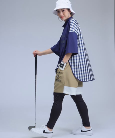 【ANTIQUAGOLF×STCH】UNISEX(ユニセックス)check pattern switching tops-navy