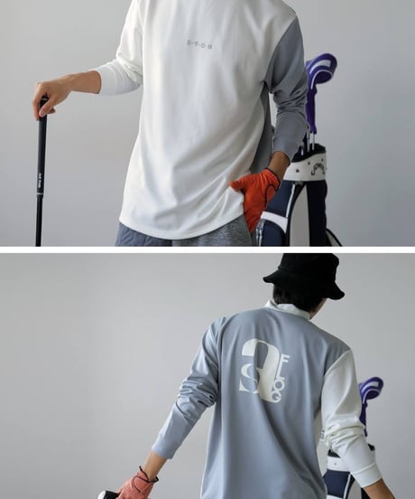 【ANTIQUAGOLF×STCH】UNISEX（ユニセックス）mock neck back logo Tshirt-white×lightgray