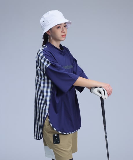 【ANTIQUAGOLF×STCH】UNISEX(ユニセックス)check pattern switching tops-navy